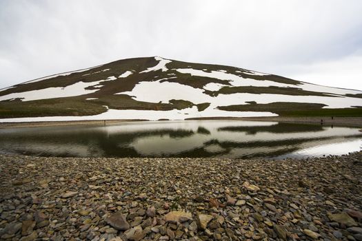 Alpine mountain lake landscape and view, snow and clouds in Javakheti, Georgia