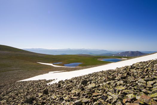 Alpine mountain lake landscape and view, snow and clouds in Javakheti, Georgia