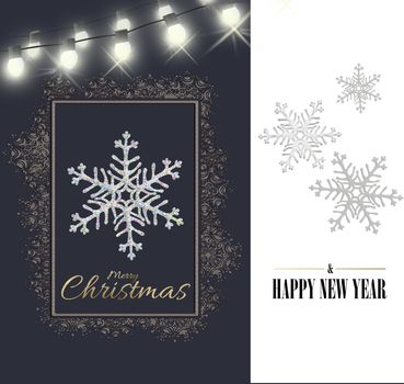 Abstract snowflakes for Christmas minimalist design. Close up snowflakes on white blue background. Gold Text Merry Christmas Happy New Year, 3D render, invitation card