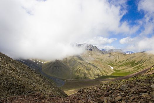 Mountains landscape and view of caucasian mountain range Khazbegi, Georgia