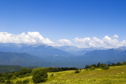 Mountains landscape and view of caucasian mountain range in Racha, Georgia