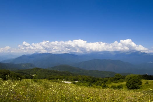 Mountains landscape and view of caucasian mountain range in Racha, Georgia