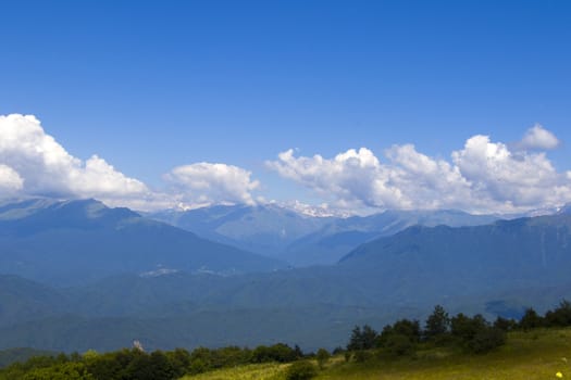 Mountains landscape and view of caucasian mountain range in Racha, Georgia