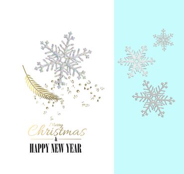 Minimalist snowflakes holiday Christmas design. Close up snowflakes, golden confetti on white blue background. Gold Text Merry Christmas Happy New Year, 3D render, invitation card