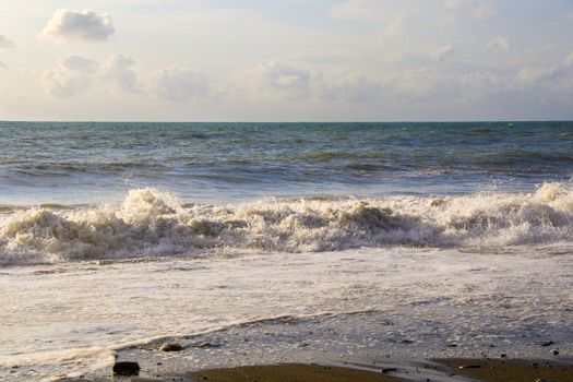 Sea and waves, stormy weather, waves and splashes in Batumi, Georgia. Stormy Black sea. Water background.