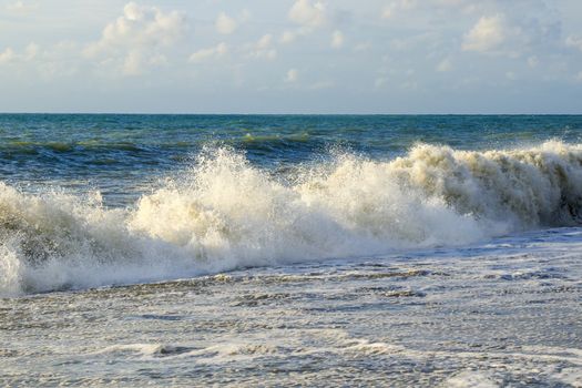 Sea and waves, stormy weather, waves and splashes in Batumi, Georgia. Stormy Black sea. Water background.