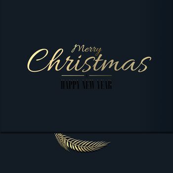 Minimalist Christmas New Year card, design. Gold text Merry Christmas Happy New Year, 3D leaves over dark blue black. Festive luxury modern Xmas Business card for invitation, greeting. 3D illustration