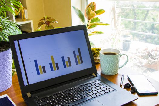 Workspace at home, notebook, mobile device, coffee and plants on the table, laptop desktop