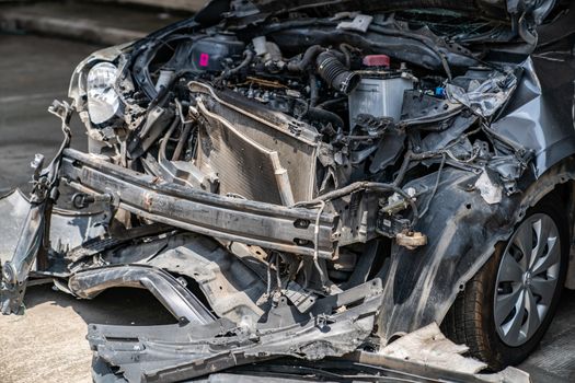 Front car get damaged by accident, damaged vehicle after crash.