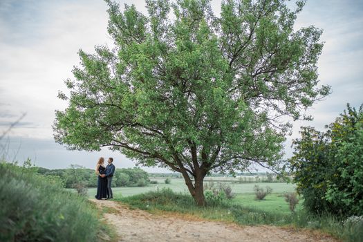 A loving couple walks in the field, the girl is pregnant. Walk in the fresh air. Love and care.