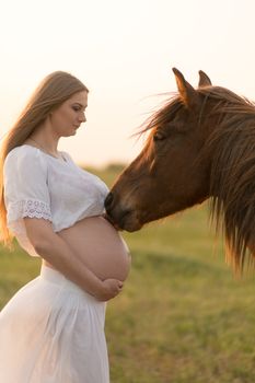 A pregnant girl in white communicates with a horse on a green meadow at sunset. Therapy and relaxation for pregnant women. Antistress therapy.