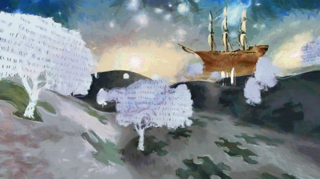 Text paper trees in surreal landscape with sailing ship in stars. 3D rendering
