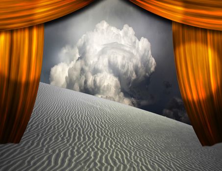 Desert sands seen through opening in curtains. 3D rendering