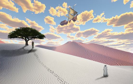 Surreal white desert with figure in cloak. Man in a distance. Ancient ship in the sky. 3D rendering