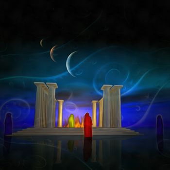 Surreal painting. White temple with fire inside. Monks. Spirals of time. 3D rendering
