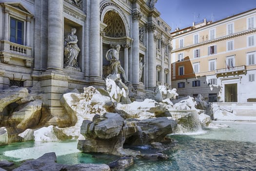 View of the Trevi Fountain, iconic landmark in the city centre of Rome, Italy, and one of the most famous fountains in the world