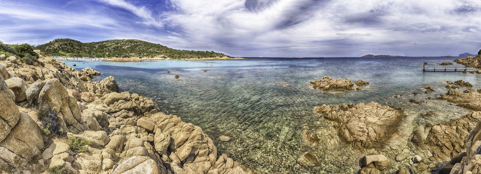 Panoramic view of the iconic Spiaggia del Principe, one of the most beautiful beaches in Costa Smeralda, Sardinia, Italy