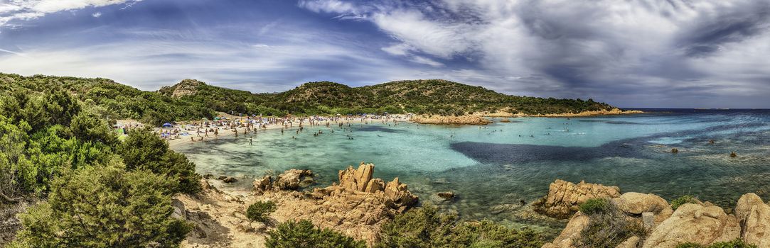 Panoramic view of the iconic Spiaggia del Principe, one of the most beautiful beaches in Costa Smeralda, Sardinia, Italy