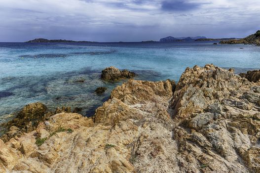View of the iconic Spiaggia del Principe, one of the most beautiful beaches in Costa Smeralda, Sardinia, Italy