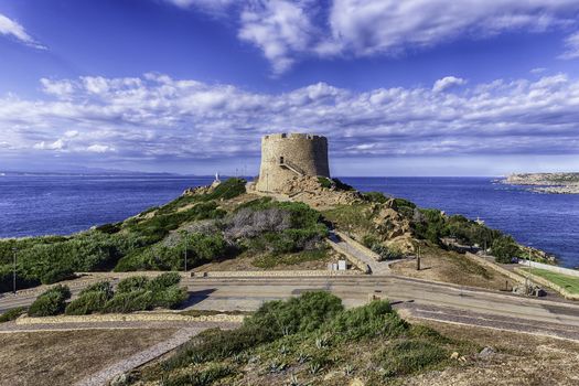 View of Longonsardo tower or spanish tower, iconic landmark in Santa Teresa Gallura, located on the northern tip of Sardinia, in the province of Sassari, Italy