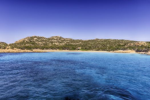 View of the famous Pink Beach on the coast of the Island of Budelli, Maddalena Archipelago, near the strait of Bonifacio in northern Sardinia, Italy