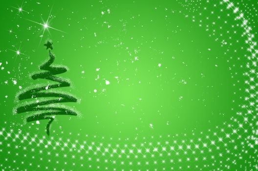 Christmas, New Year frame with abstract shiny christmas tree on green background. Holiday greeting card, banner, poster or invitation with decorative fir, stars and copy space.