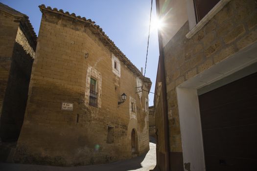 Picturesque streets with medieval buildings, in the small town of Ores, in the Cinco Villas region, Aragon, Spain.