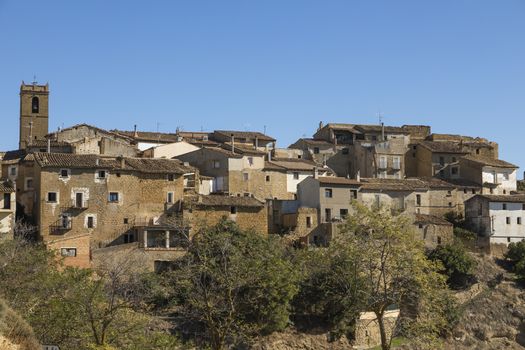 Picturesque streets and skyline with medieval buildings, in the small town of Ores, in the Cinco Villas region, Aragon, Spain.