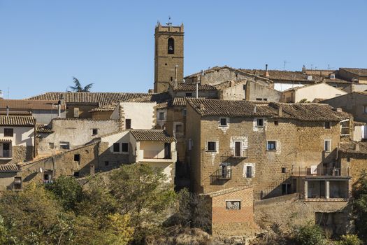 Picturesque streets and skyline with medieval buildings, in the small town of Ores, in the Cinco Villas region, Aragon, Spain.