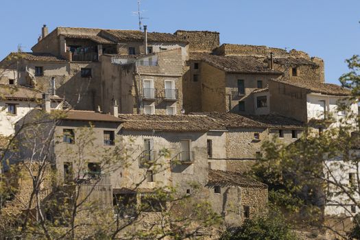 Picturesque streets and skyline with medieval buildings, in the small town of Ores, in the Cinco Villas region, Aragon, Spain.