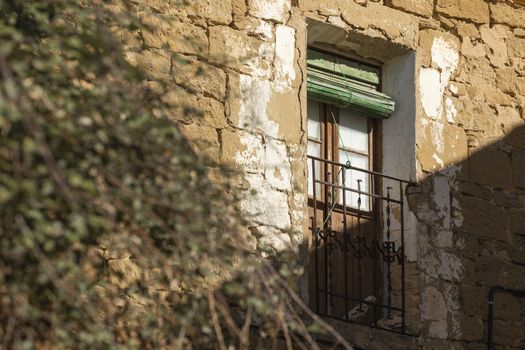 Details of the facades of stone houses in the small town of Ores, Aragon, Spain.