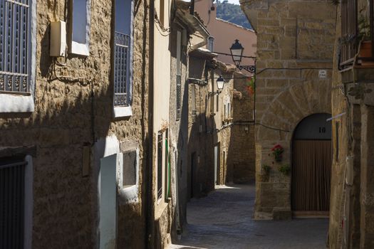 Picturesque streets with medieval buildings, in the small town of Ores, in the Cinco Villas region, Aragon, Spain.