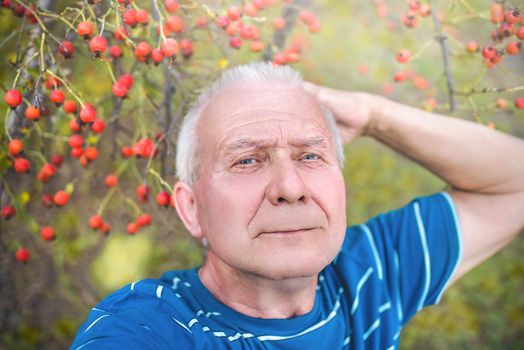 positive retired grandfather, makes selfie with a smartphone in the park. an elderly man walks in nature.