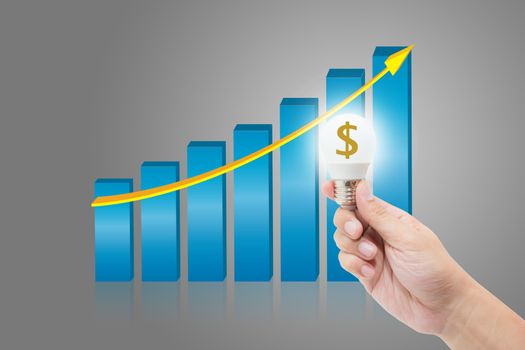 Light bulb on hand finance with success a graph background, idea of plan business concept.
