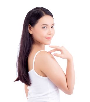 Portrait of beautiful asian woman makeup of cosmetic, girl touch  shoulder and smile attractive, face of beauty perfect with wellness isolated on white background with skin healthcare concept.