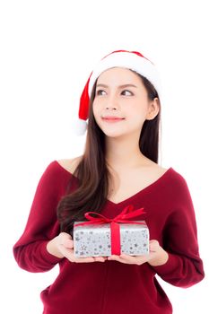 Happy asian woman with smile holding gift box of xmas, Present girl with celebration christmas a holiday, girl with buyer isolated on white background, shopping with season concept.