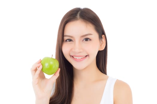 Beautiful young asian woman smile and holding green apple fruit with wellness and healthy isolated on white background.