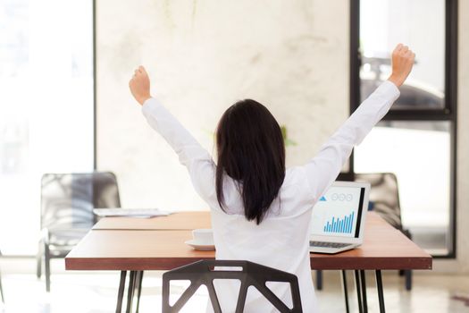 Asian young business woman excited and glad of success with laptop, girl with winner and happy on the office career freelance business concept.