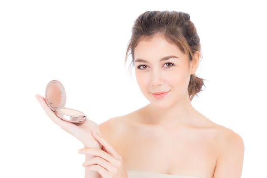 Portrait of beautiful asian woman applying powder puff at cheek makeup of cosmetic, beauty of girl with face smile isolated on white background, wellness and healthcare concept.