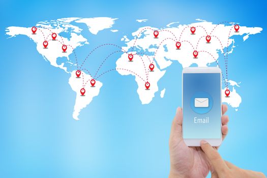 Hand holding man check and sending message with email in a phone on world map background, communication concept, , Elements of this image furnished by NASA.