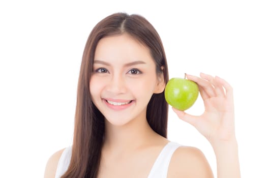 Beautiful young asian woman smile and holding green apple fruit with wellness and healthy isolated on white background.