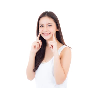 Portrait of beautiful asian woman makeup of cosmetic, girl hand touch cheek and smile attractive, face of beauty perfect with wellness isolated on white background with skin healthcare concept.