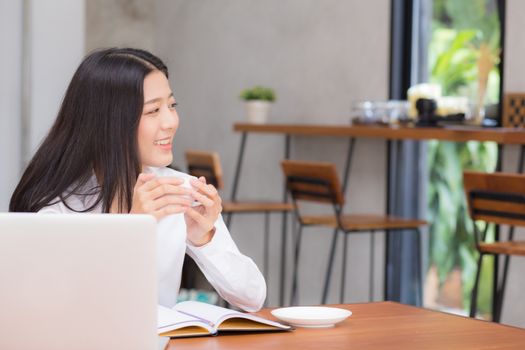 Beautiful asian young woman working online on laptop sitting at coffee shop, professional female freelancer using notebook computer with connect to internet for distance job.