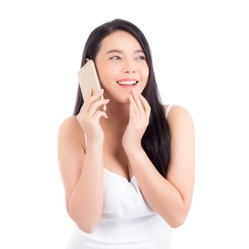 Beautiful of portrait asian young woman smile and happy talking calling with mobile phone isolated on white background.