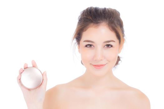Portrait of beautiful asian woman applying powder puff at cheek makeup of cosmetic, beauty of girl with face smile isolated on white background, wellness and healthcare concept.