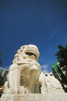 White mable Chinese lion and blue sky