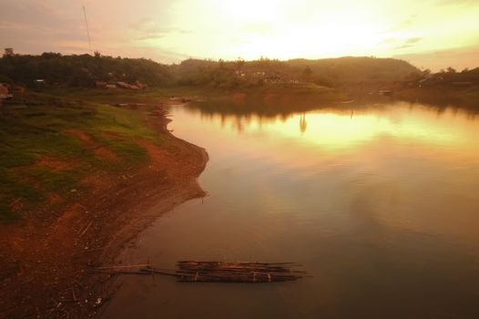 Twilight hills and river life in Sangkhlaburi village Western Thailand