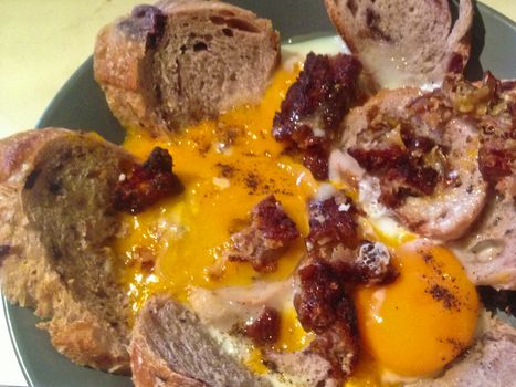 Simple American breakfast egg bread and bacon