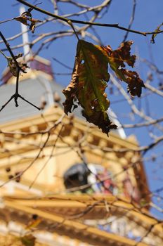 Dried maple leaf and European church in the background