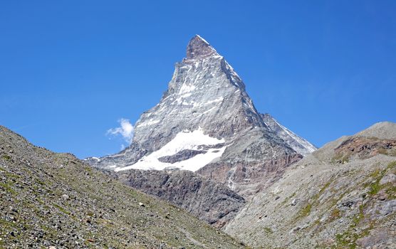 The Matterhorn, the iconic emblem of the Swiss Alps, summertime